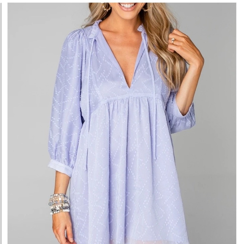 Buddy Love Lavender Clip Dot Babydoll Mini Dress Puff Sleeve Ruffle Tie Small